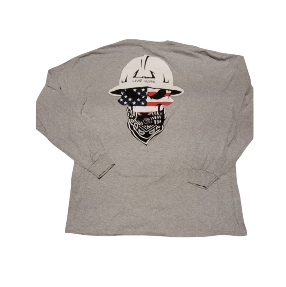 Live Wire Gildan Gray Patriotic Construction Skull Long Sleeve Tee Size XL Men